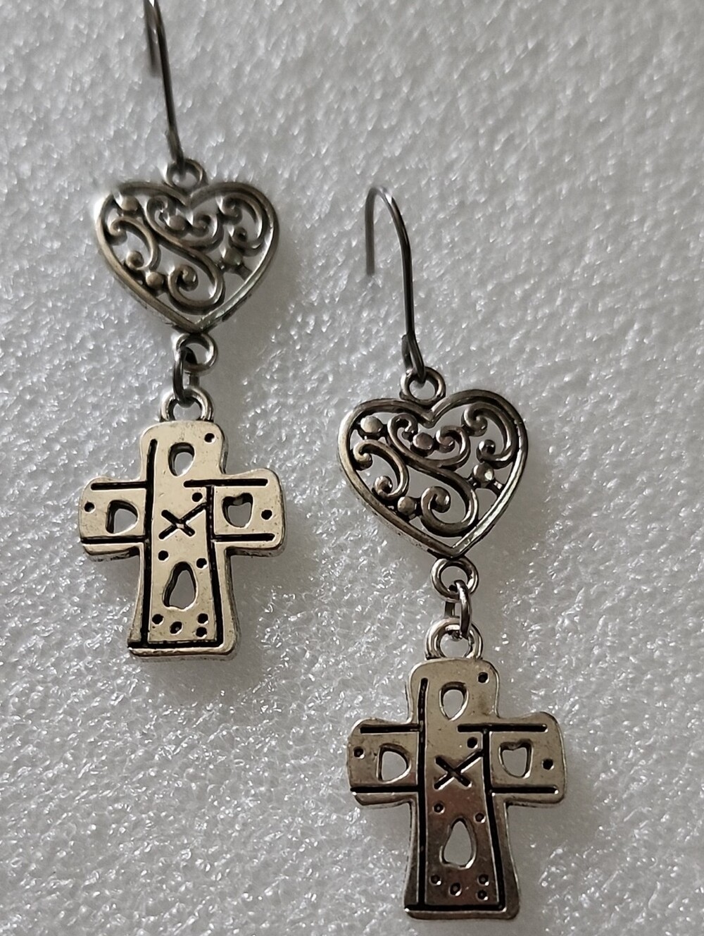 Hand Crafted Silver Heart and Cross Filigree Drop Earrings